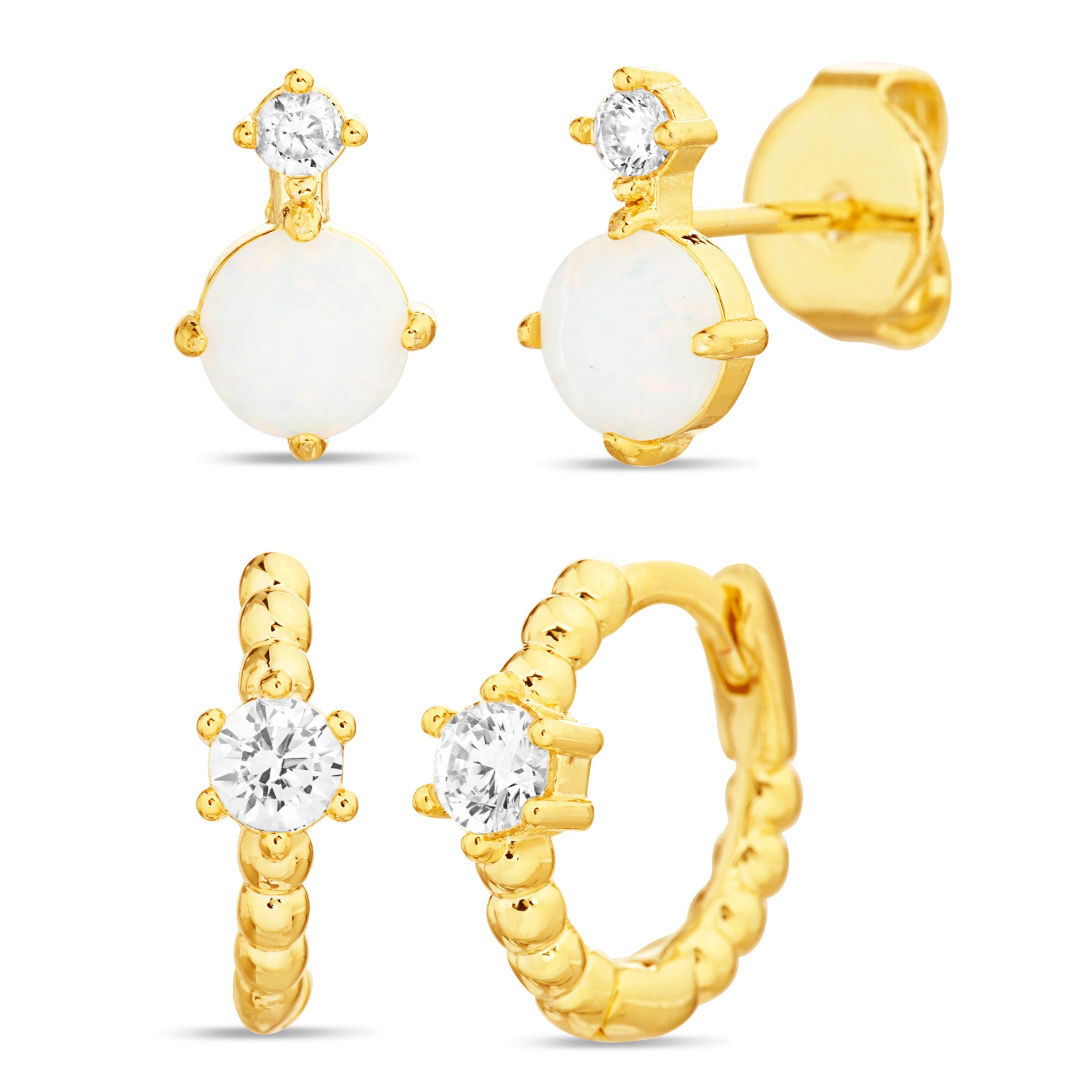 Sterling Silver Gold Opal with Clear CZ & CZ Prong on Beaded Huggie Duo Earrings Set